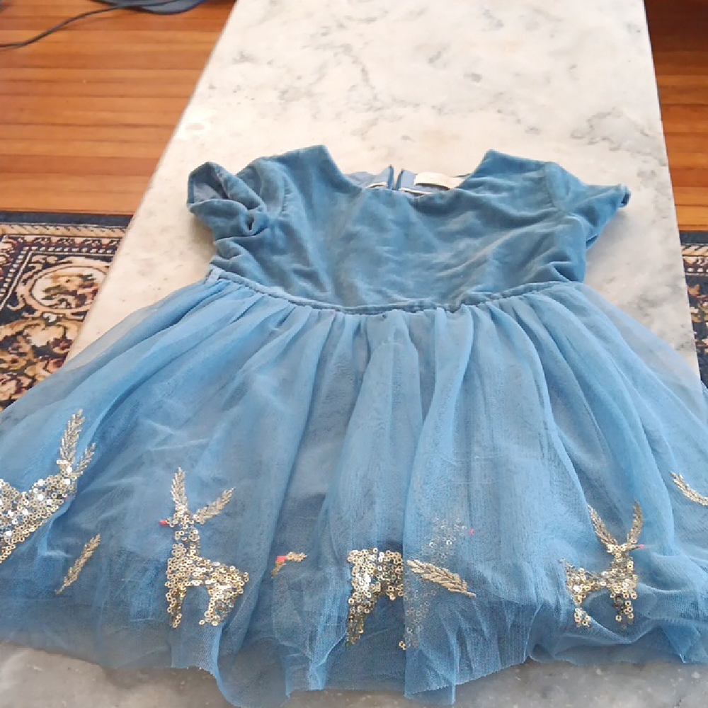 Mini Boden Blue Tulle Dress with Gold Sequin Deer